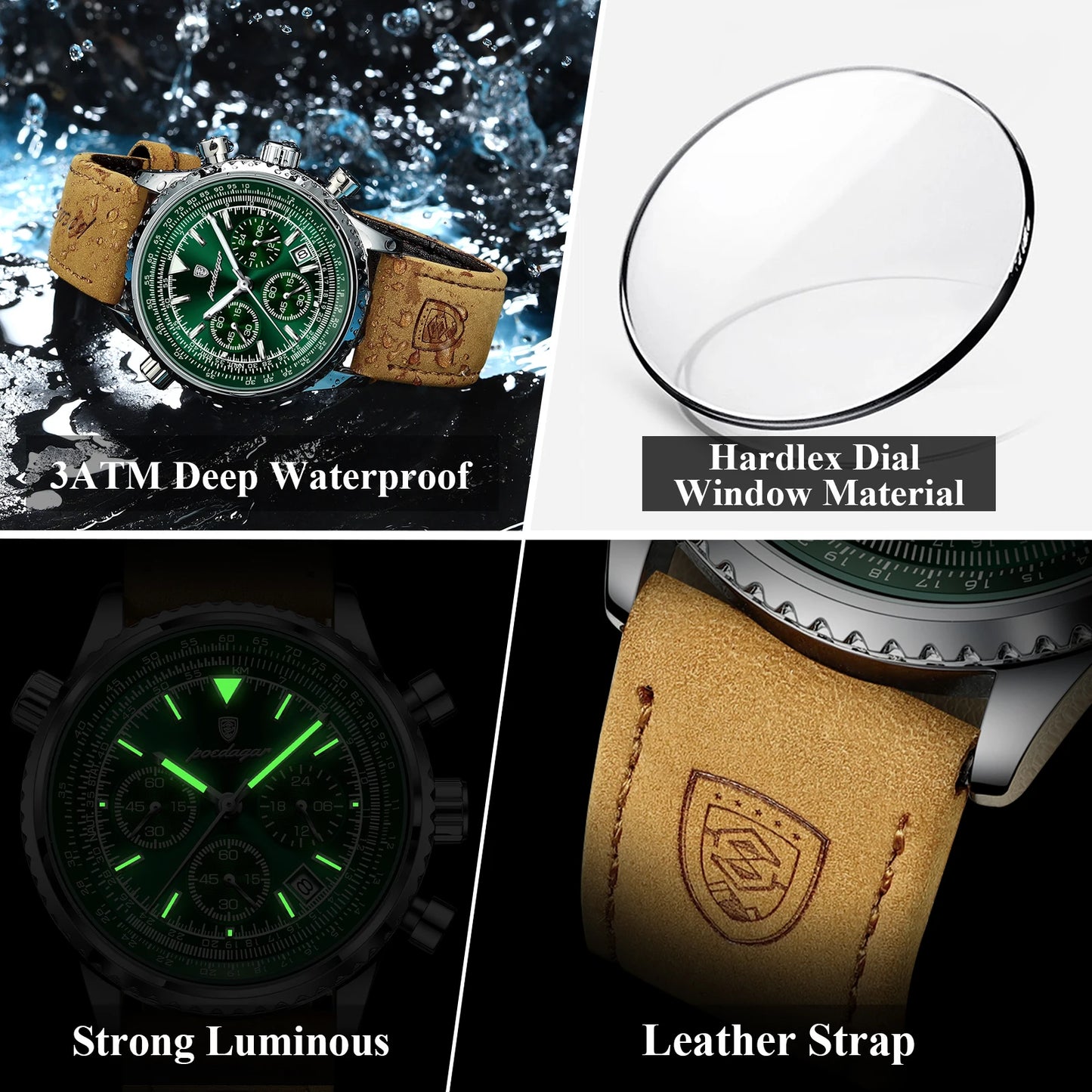 Man Watch Quartz Waterproof Luminous Chronograph Leather Mens Wristwatch