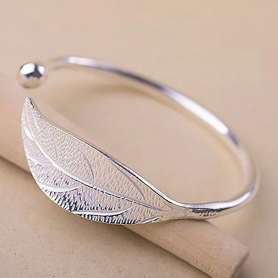 925 Sterling Silver Woman Cuff Bracelet Open Leaf Shaped Adjustable