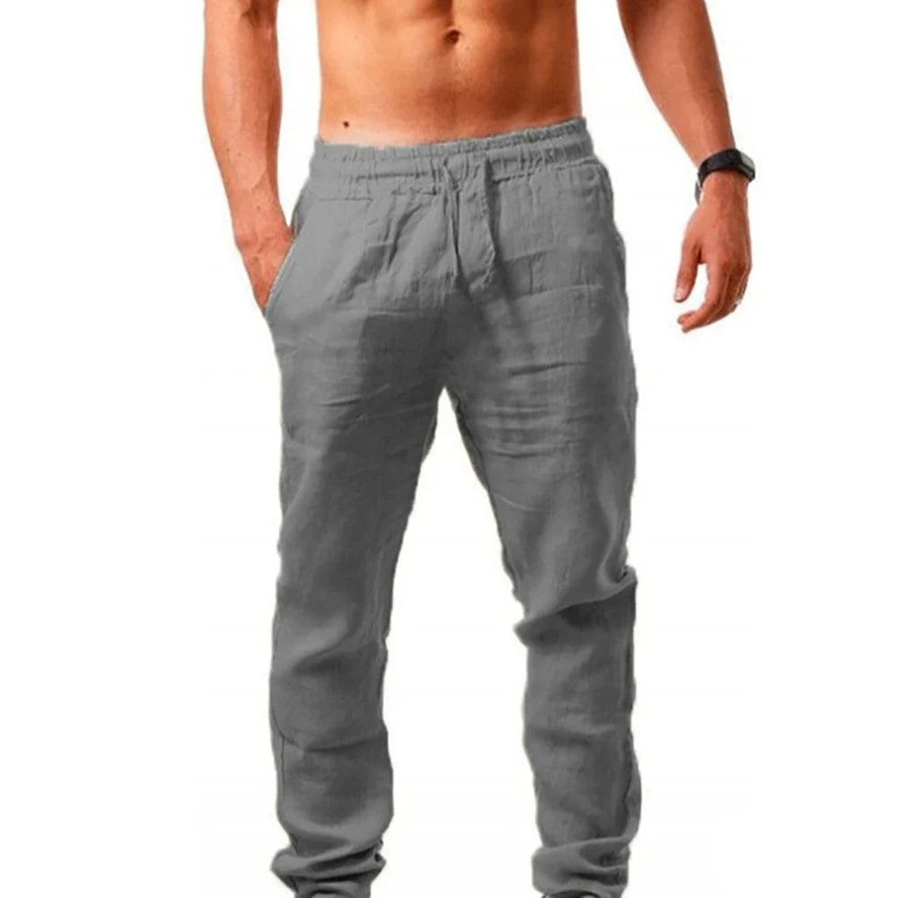 Mens Cotton Linen Long Pants Summer Breathable Linen Trousers