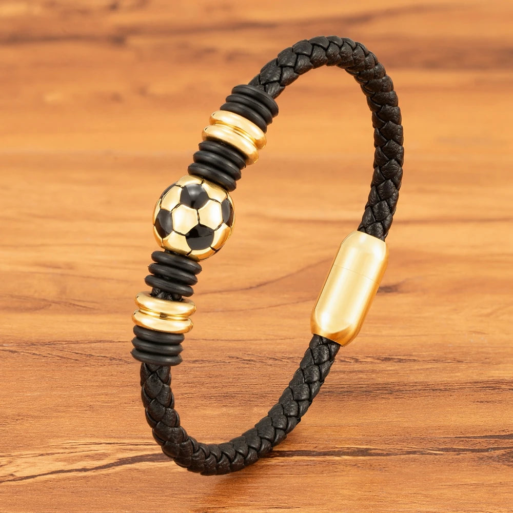 Mens Stainless Steel Button Football Ball Charm Leather Bracelet