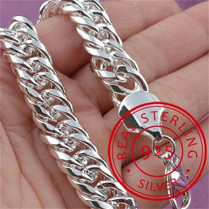 Noble 925 Sterling Silver Square Solid Chain Bracelet For Women Men Charm