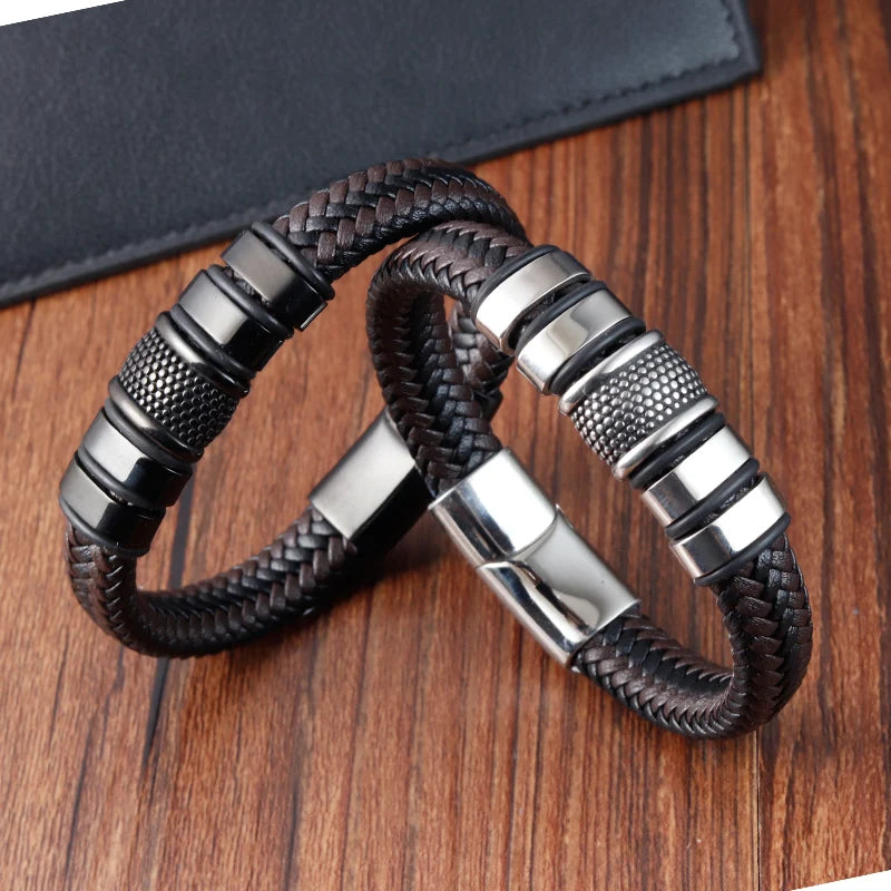 Charm Braided Wrap Stainless Steel Handmade Mens Leather Bracelet