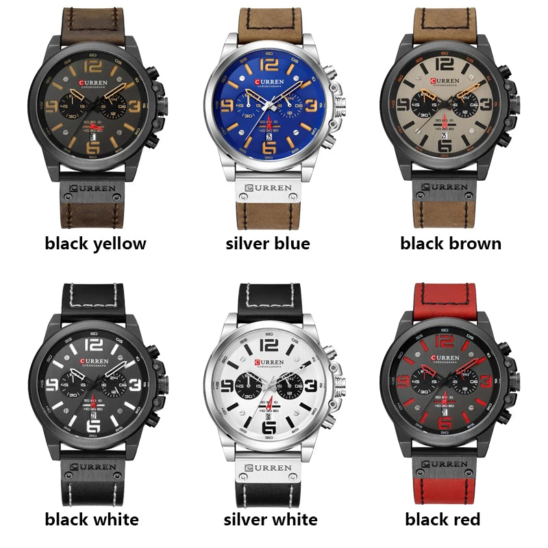 Mens Fashion Leather Quartz Watch Date Sport Chronograph Wristwatch