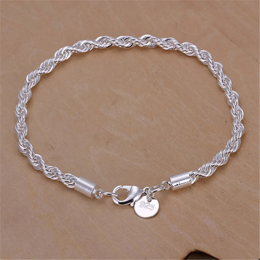 925 Silver 4mm Womens Mens Chain Twisted Rope Necklace Bracelets Set