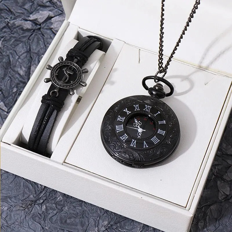 Quartz Pocket Watch Pendant Chain Mens Women Leather Bracelet