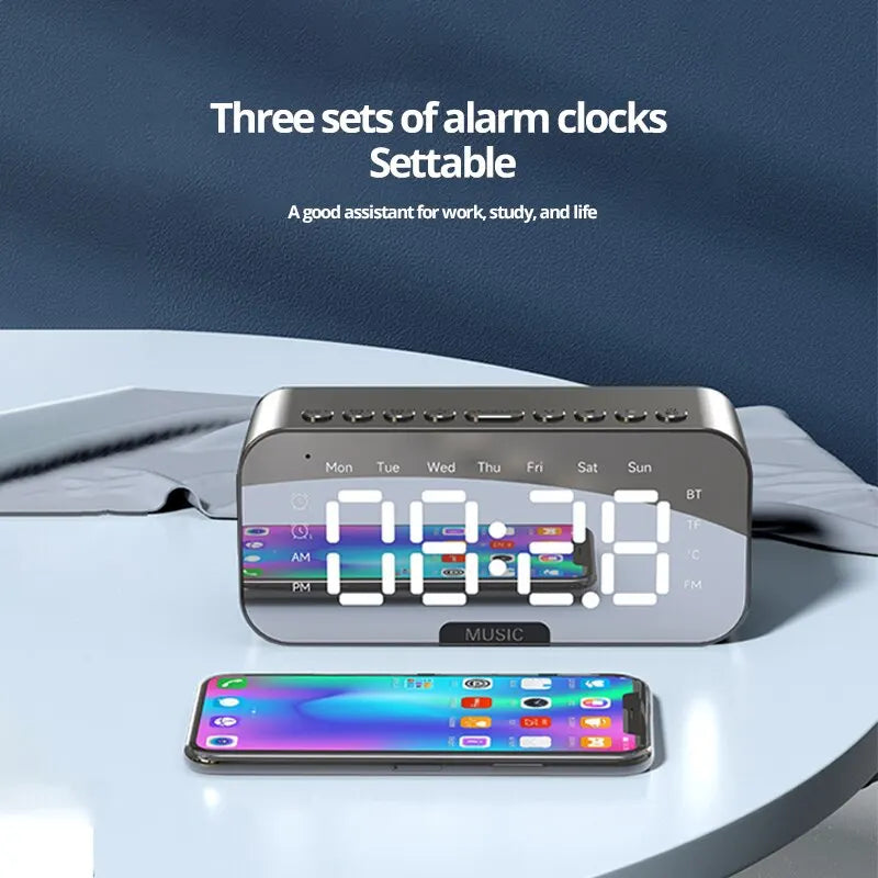 LED Digital Alarm Clock with Bluetooth Speaker Mirror