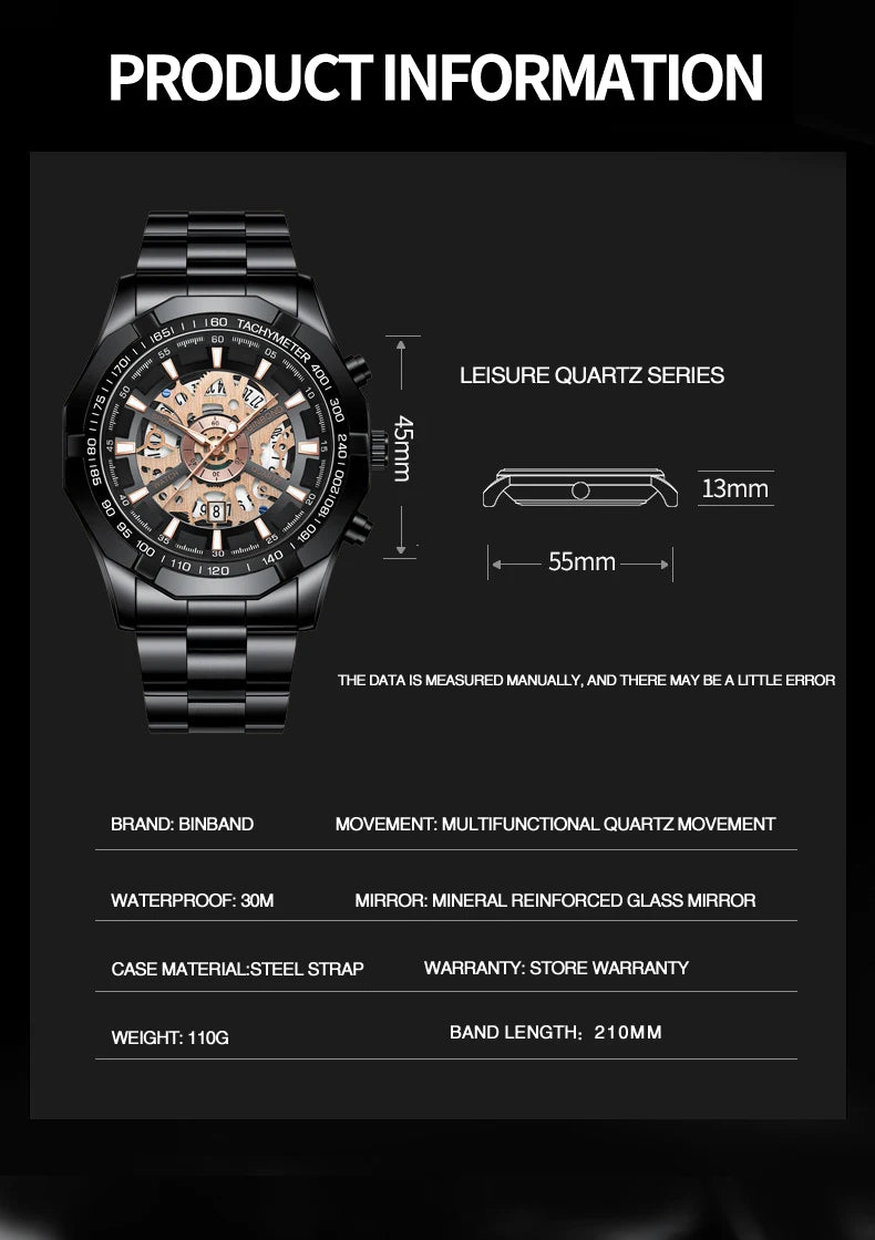 Mens Quartz Watch Stainless Steel Waterproof Wristwatch