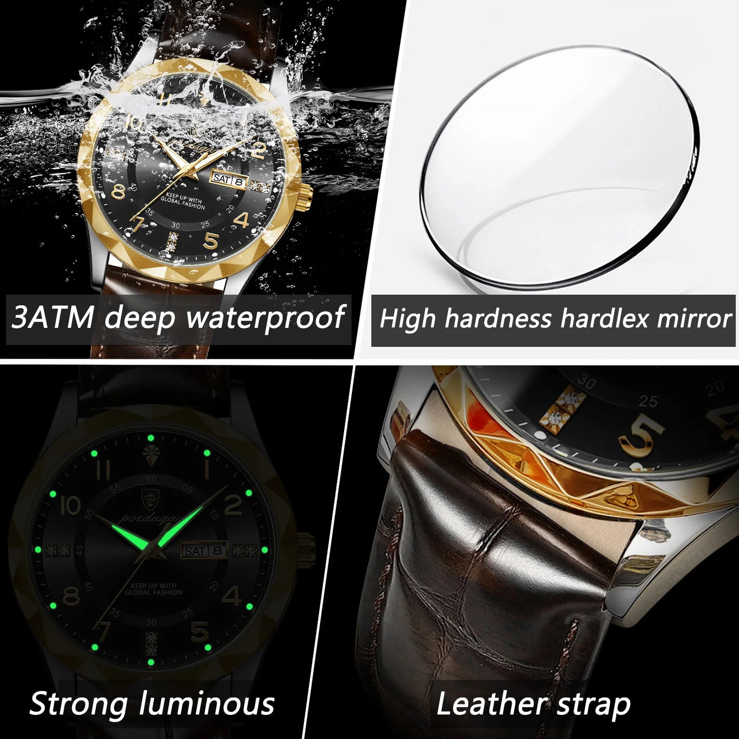 Mens Sport Quartz Leather Man Watch Waterproof Luminous