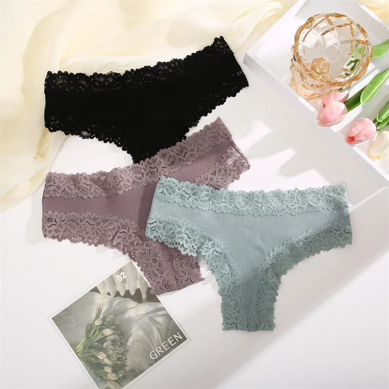 2pcs Womens Cotton Underwear Sexy Lace Floral Panties Low Rise Comfortable