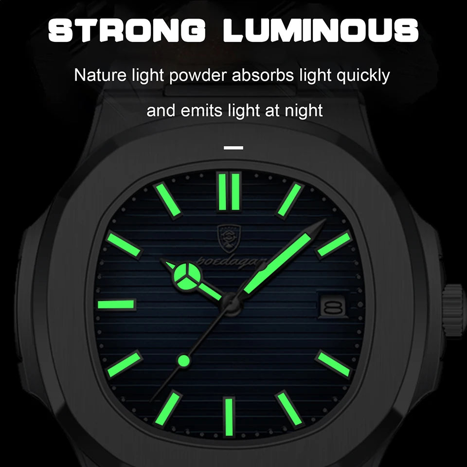 Mens Quartz Watch Waterproof Luminous Date Stainless Steel Square