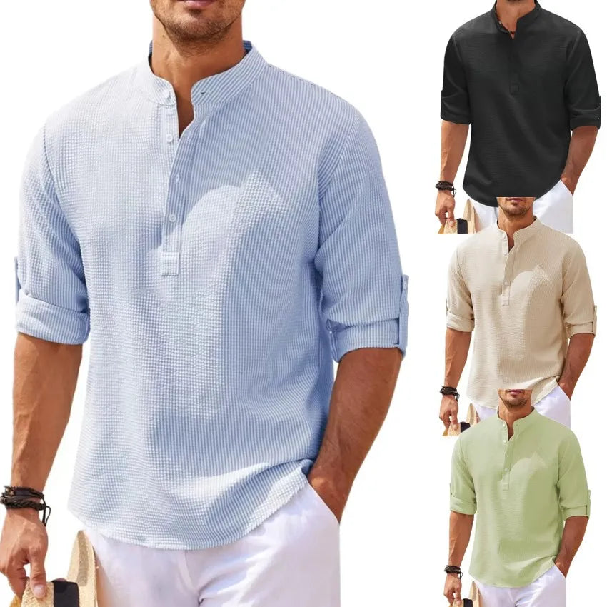 Casual Beach Stylen Cotton Linen Mens Long Sleeved Shirts