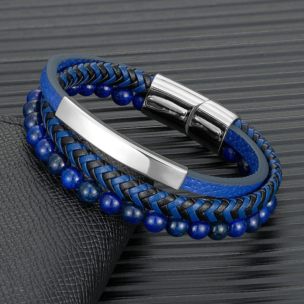 Punk Men Multilayer Braid Leather Natural Stone Beaded Bracelet