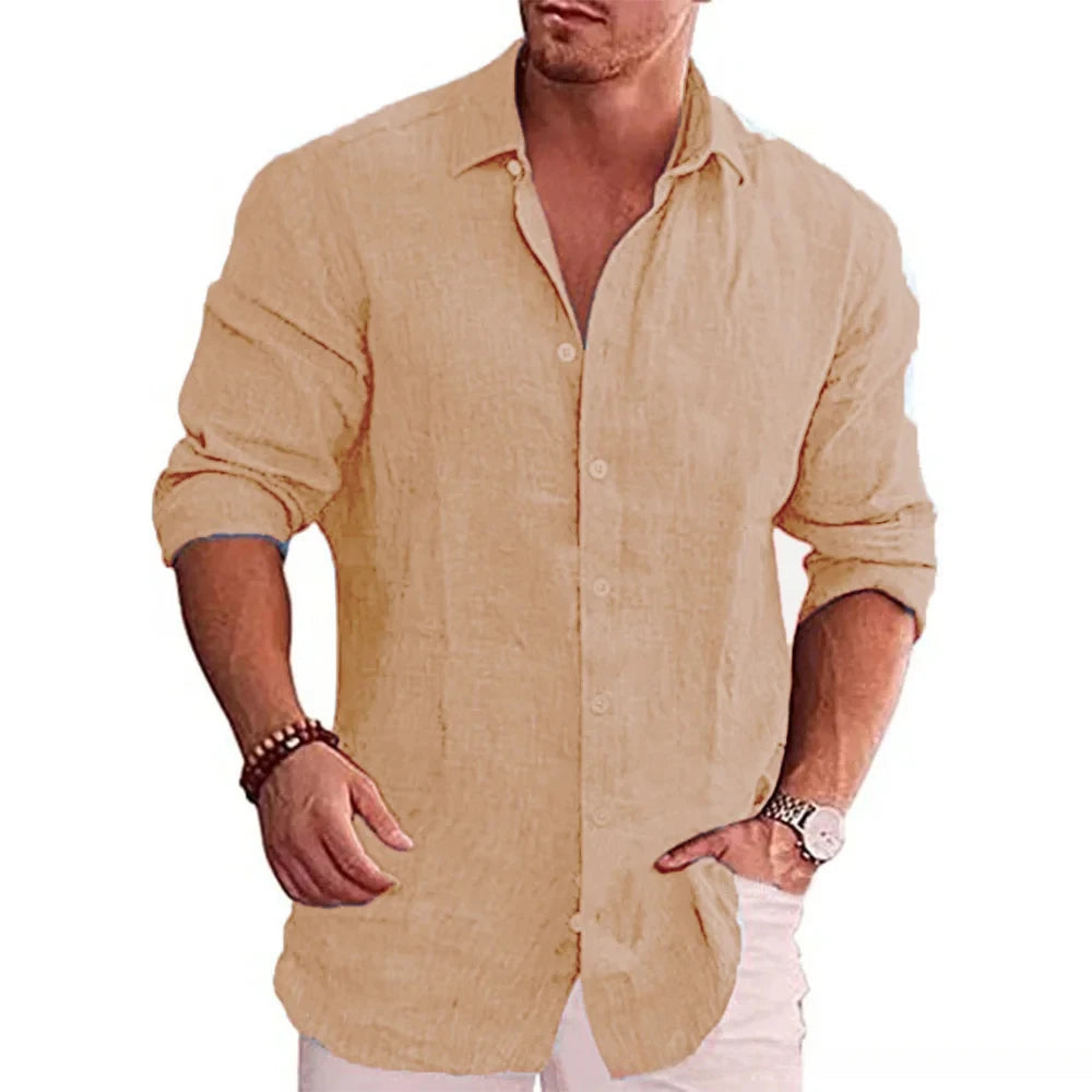 Cotton Linen Mens Long Sleeve Shirt Solid Color Casual Style