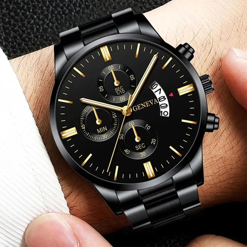 Mens Stainless Steel Watch Luxury Calendar Quartz Wristwatch