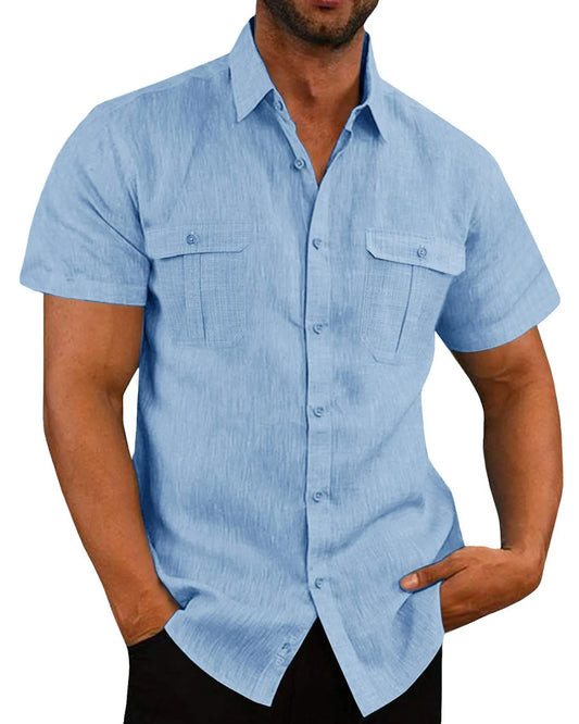 Summer Cotton Linen Mens Short Sleeved Shirts Casual Beach Style