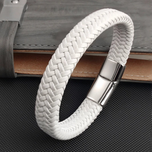 Mens Leather Braid Bracelet Stainless Steel Buckle Clasps