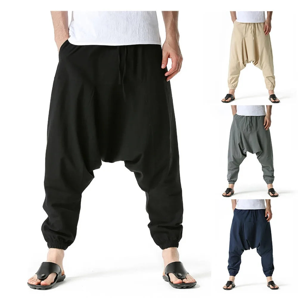 Mens Cotton and Linen Pants Harem Pants Baggy Casual Oversize