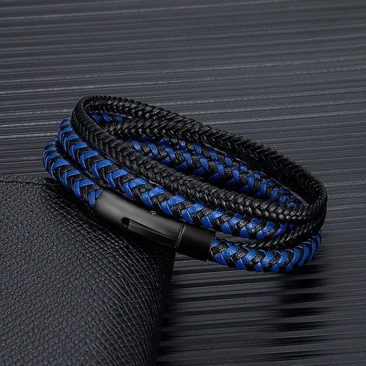 Mens Double Layer Leather Stainless Steel Button Bracelet