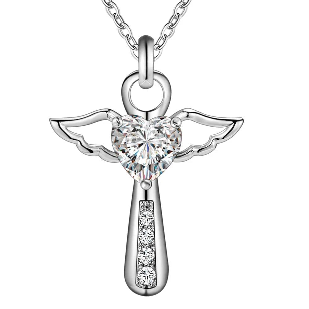 925 Sterling Silver Women Angel Crystal Cross Pendants Chain Neckalce