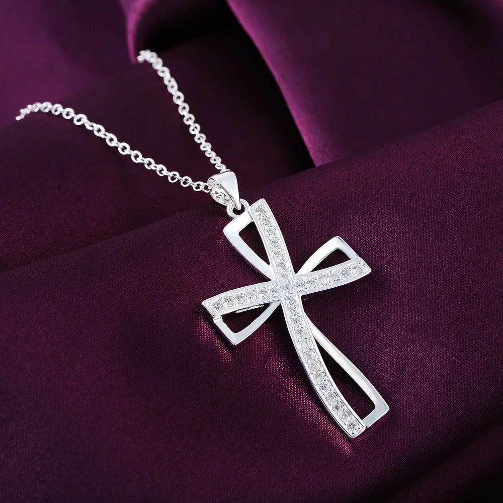 925 Sterling Silver Necklace for Women Cyrstal Cross Pendant Chain