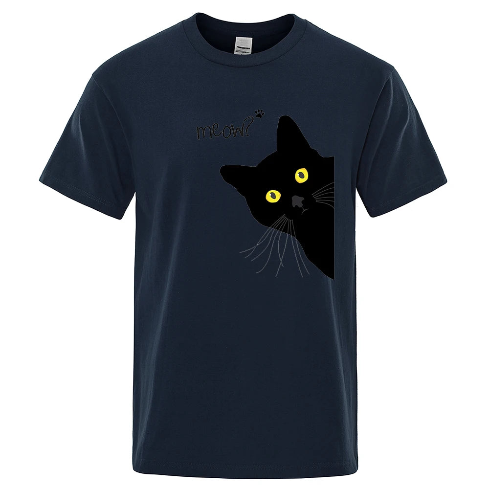 Meow Black Cat T Shirts Breathable Oversized Loose Cotton Mens Shirt