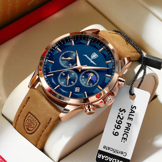 Mens Quartz Watch Sports Leather Waterproof Luminous Calendar Chronograph