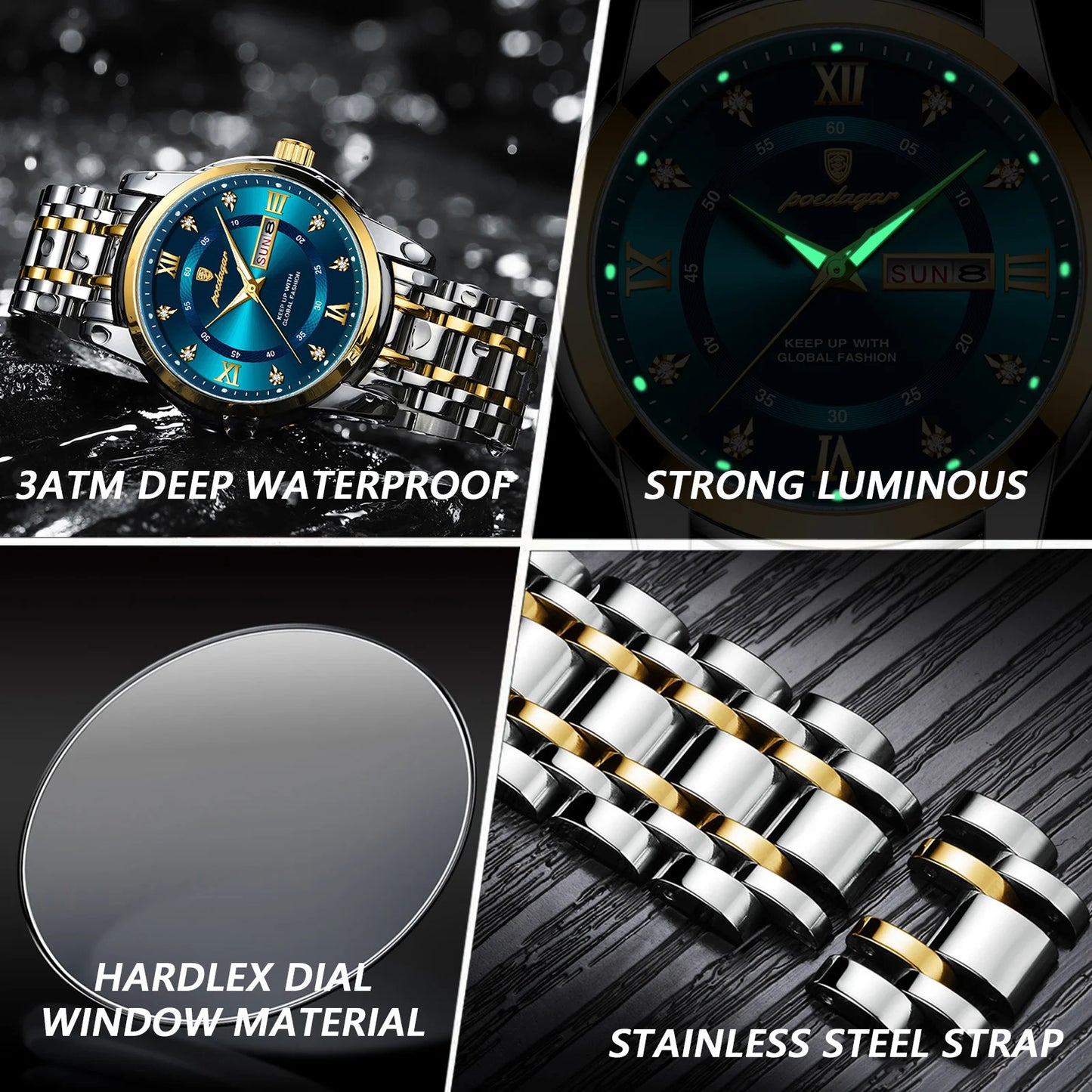 Elegant Mens Quartz Watch Waterproof Luminous Stainless Steel Wristwatch