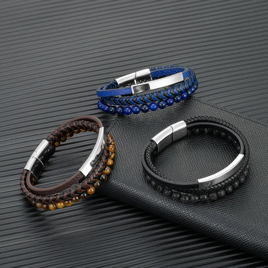 Punk Men Multilayer Braid Leather Natural Stone Beaded Bracelet