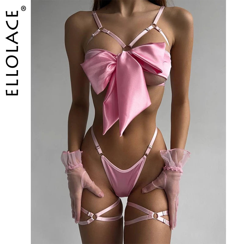 Bowknot Lingerie Open Bra Lace Up Sexy Underwear Satin Outfit