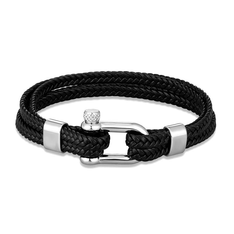 Navy Style Men U shape Shackle Woven Multilayer Leather Bracelets