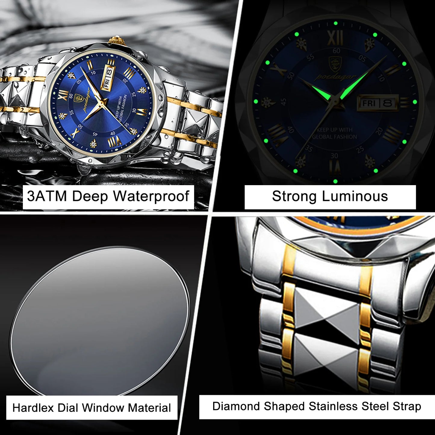 Luxury Man Wristwatch Waterproof Luminous Stainless Steel Quartz Mens Watch