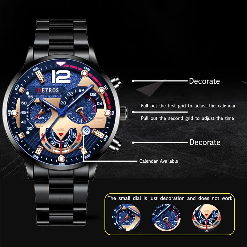 Mens Stainless Steel Watch Quartz Wristwatch Calendar