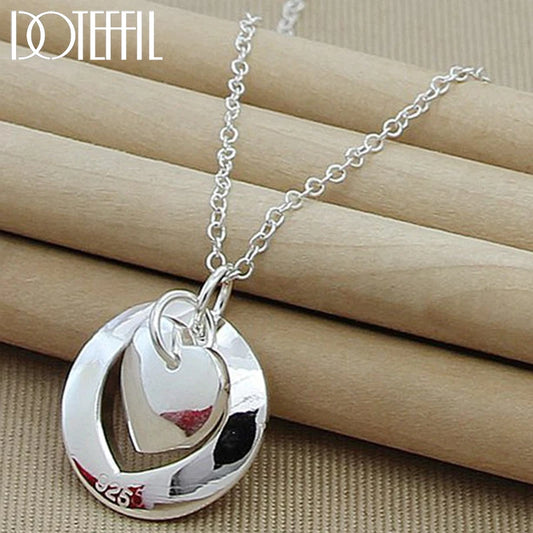 925 Sterling Silver Heart Round Pendant Necklace Chain For Woman Man