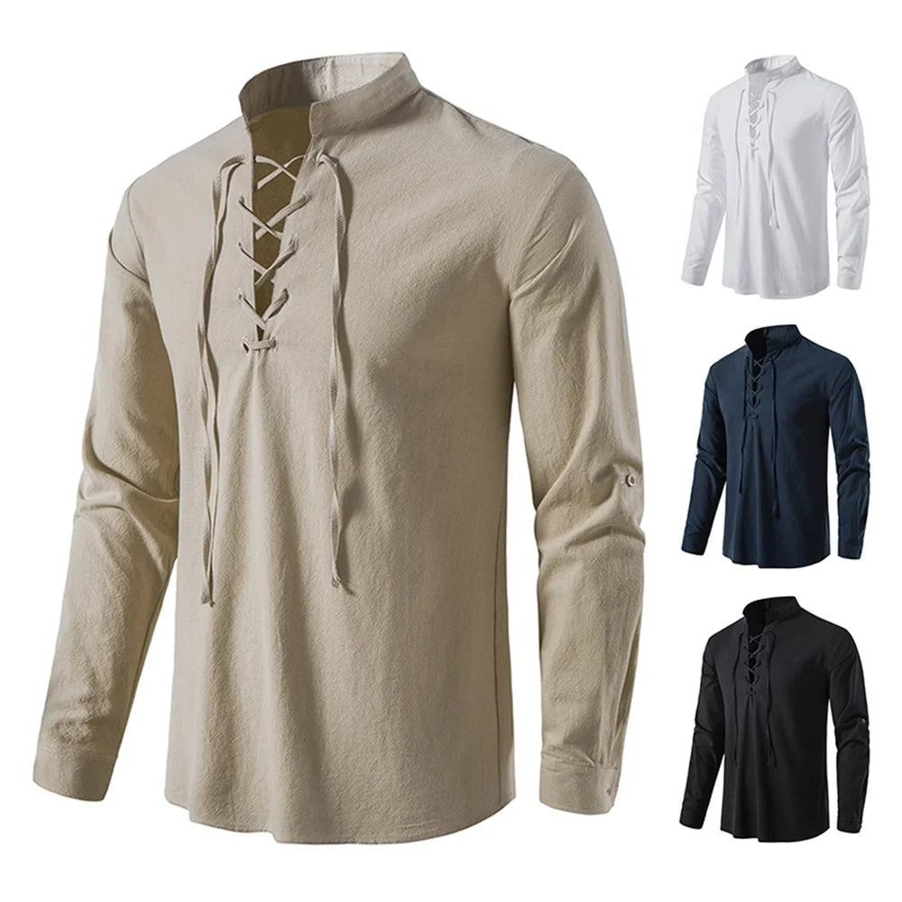 Mens Casual Blouse Cotton Linen Shirt Tops Long Sleeve Shirts