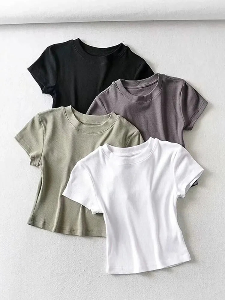 Womens O Neck Short Sleeve T-Shirt Slim Elastic Skinny Crop Tops