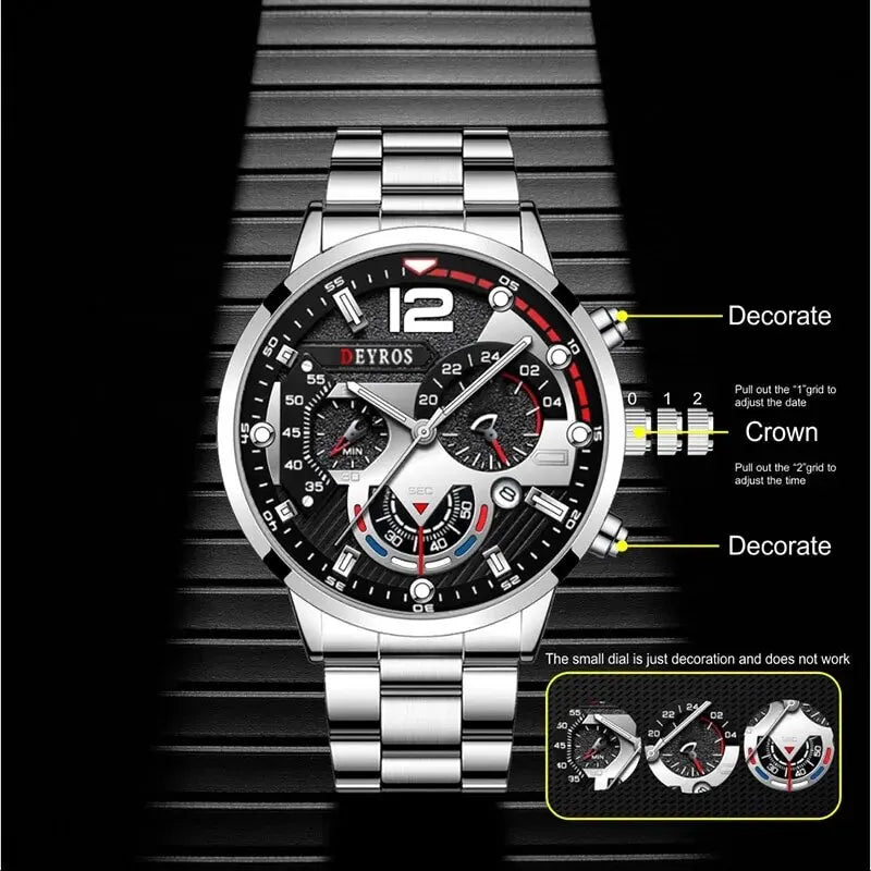 Mens Silver Quartz Watch With Stainless Steel Bracelet