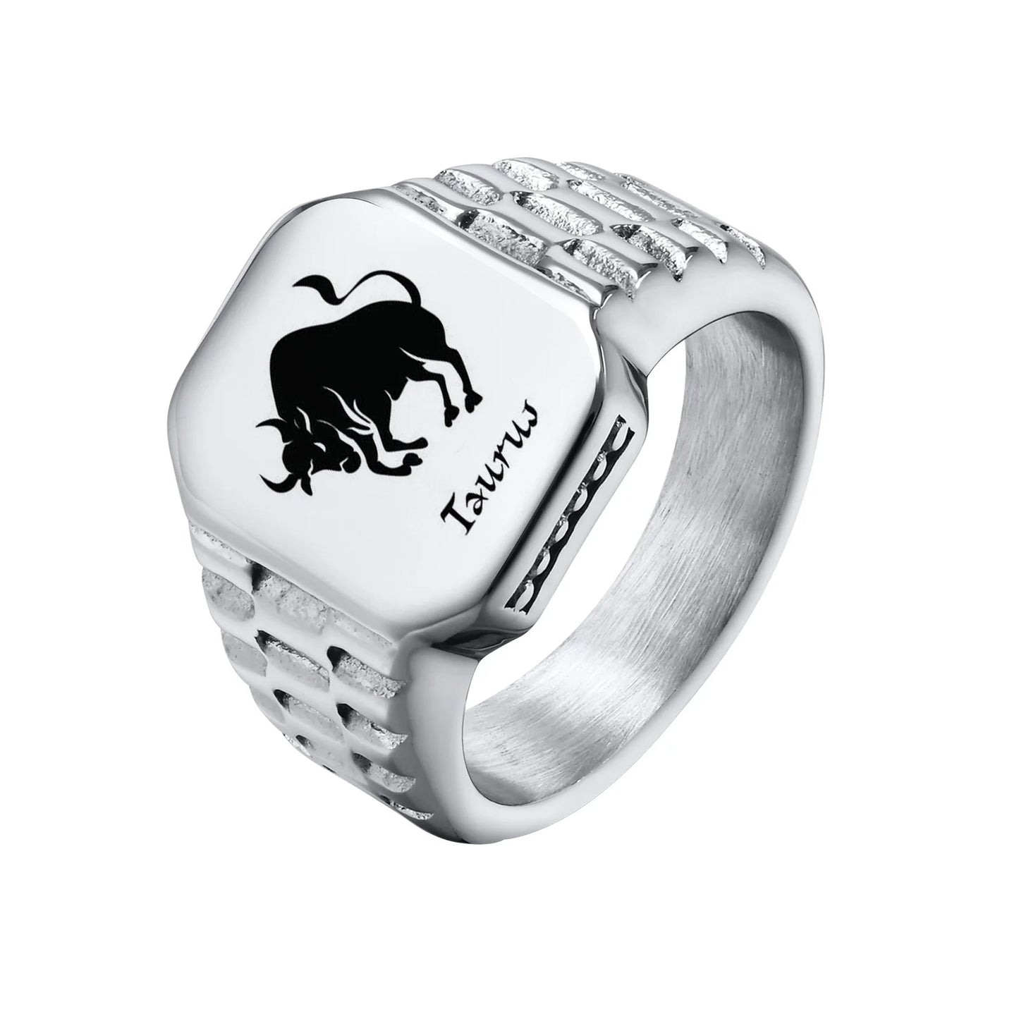 12 Zodiac Signet Stainless Steel Mens Rings