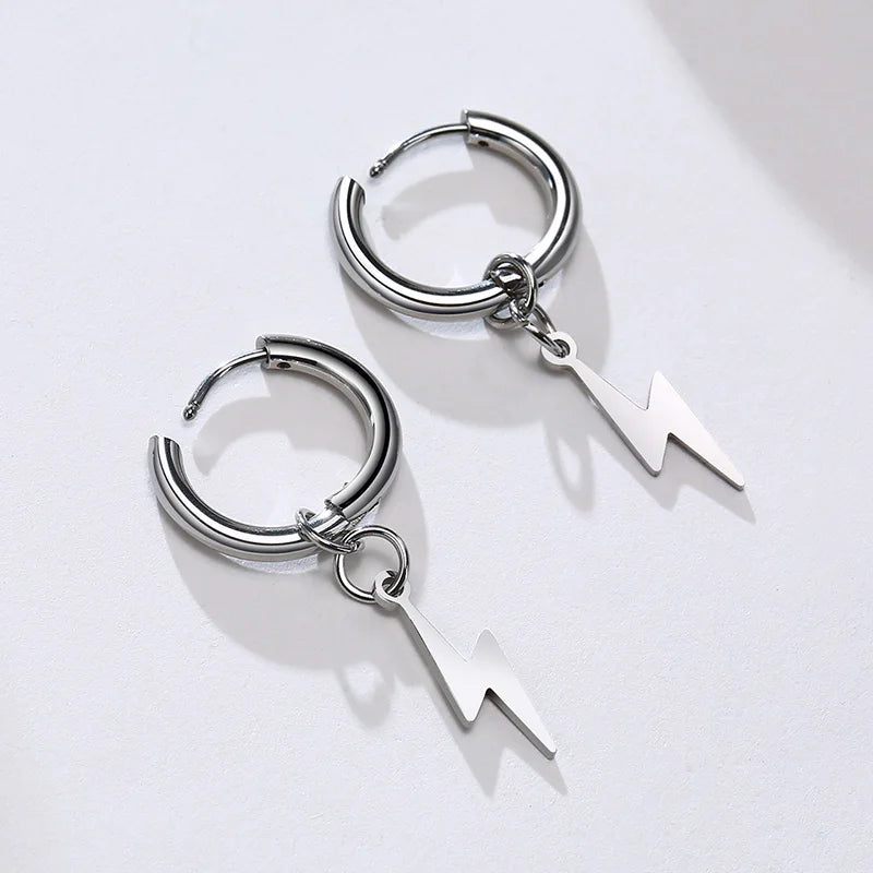 Lightning Bolt Charm Hoop Huggie Silver Color Stainless Steel Earrings for Men