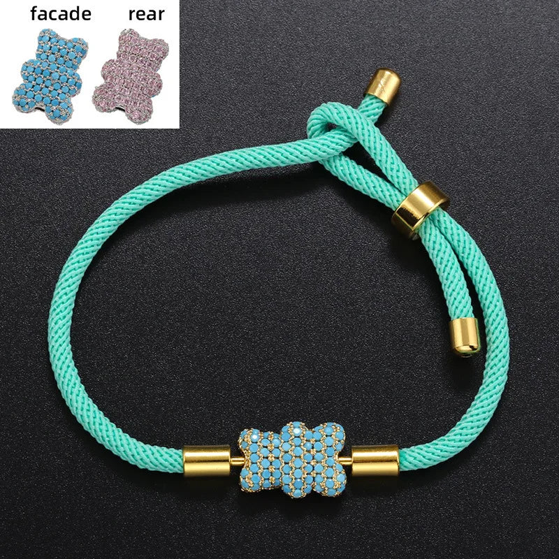 Cute Bear Micro Inlaid Zircon Braided Rope Bracelets for Friends Couple