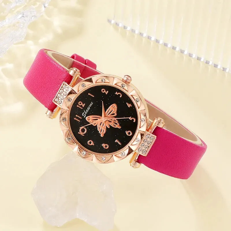 Womens Fashion Quartz Watch Butterfly Design Earrings Necklace Bracelet Set