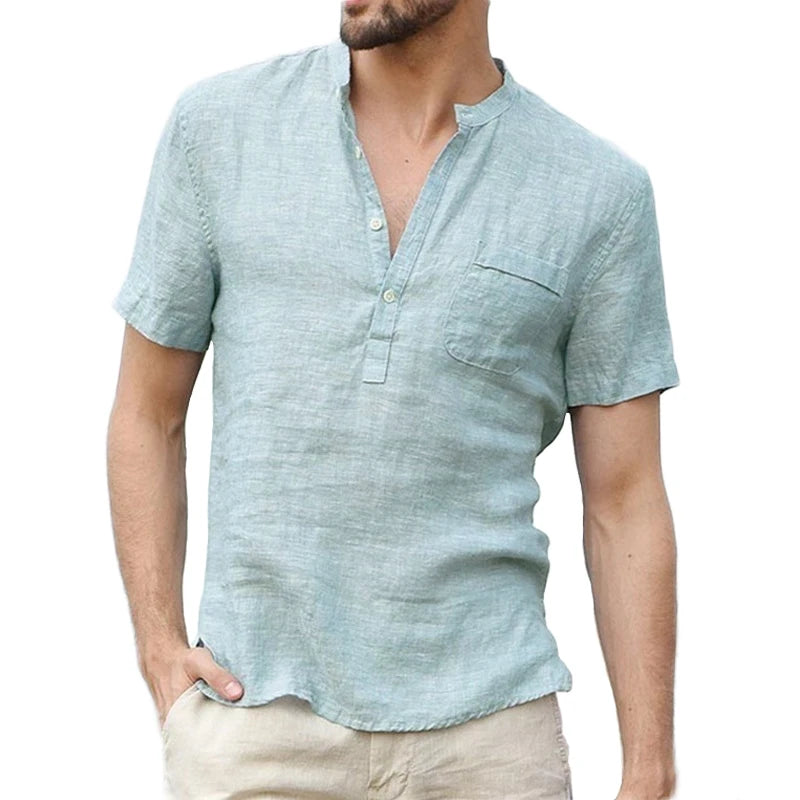 Cotton Linen Casual Mens Tee Shirts Short Sleeve V Collar Breathable