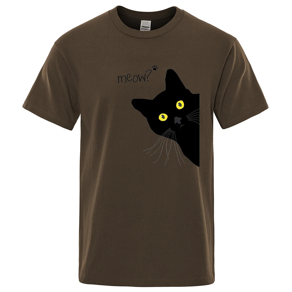 Meow Black Cat T Shirts Breathable Oversized Loose Cotton Mens Shirt