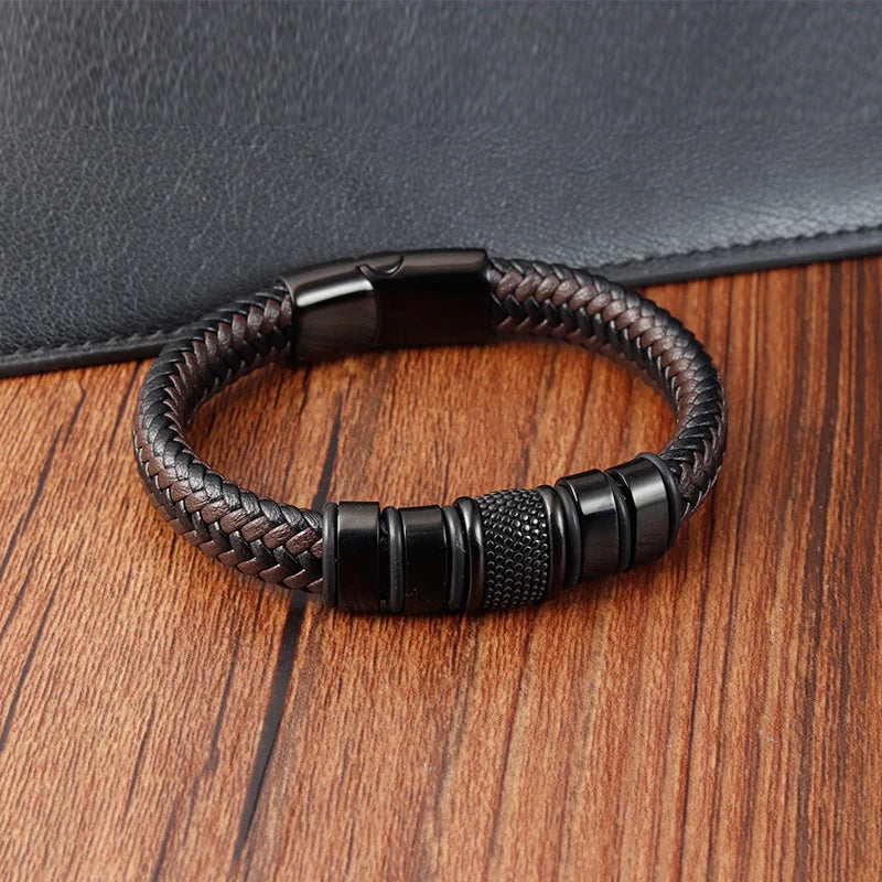 Charm Braided Wrap Stainless Steel Handmade Mens Leather Bracelet