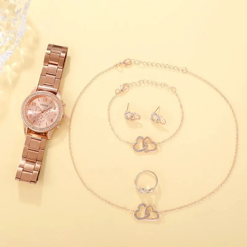 6PCS Set Rose Gold Watch Jewelry Set