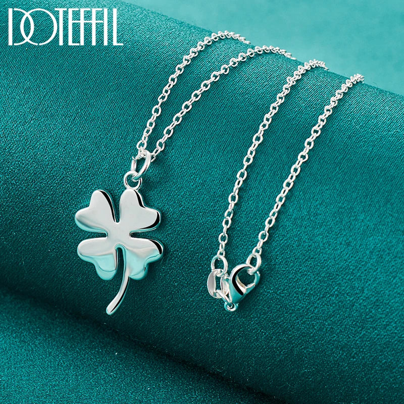 925 Sterling Silver Four Leaf Clover Pendant Necklace Chain For Woman