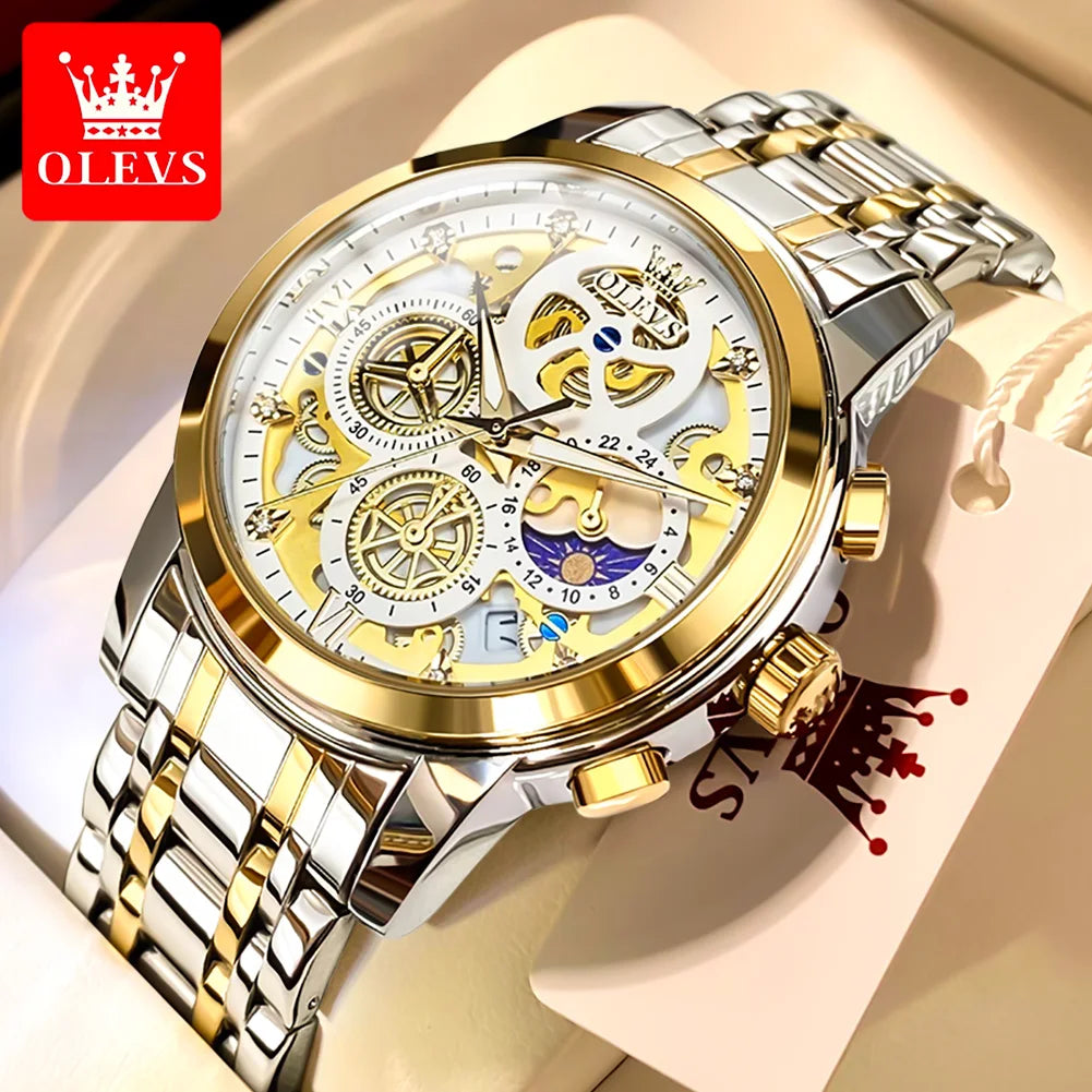 Luxury Original Waterproof Mens Quartz Watch Gold Skeleton Style