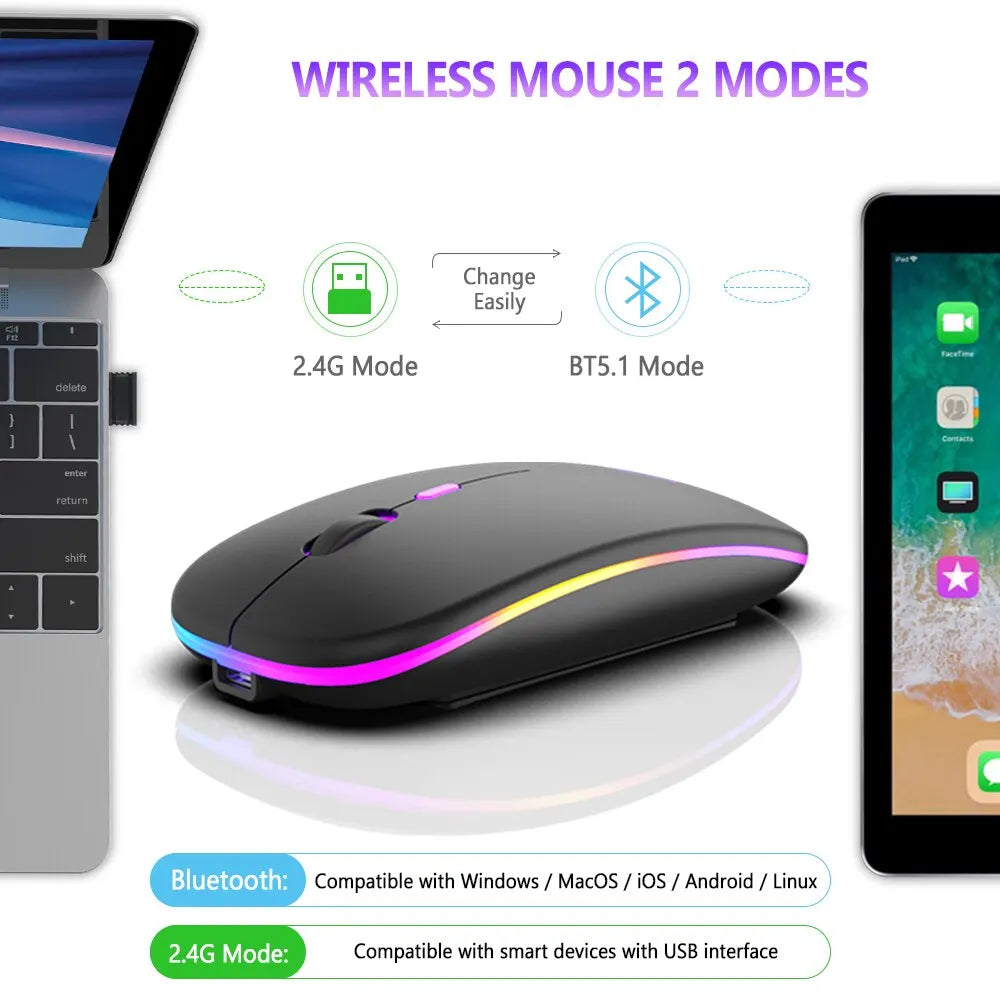 Wireless Mouse Bluetooth Rechargeable RGB Ergonomic Silent