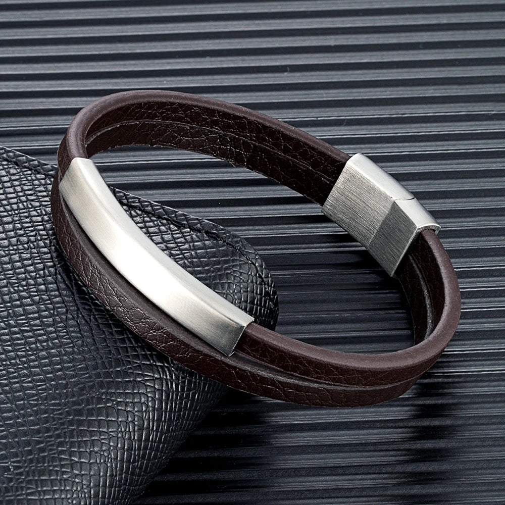 Simple Style Men Double Strand Leather Bracelet Stainless Steel Clasp