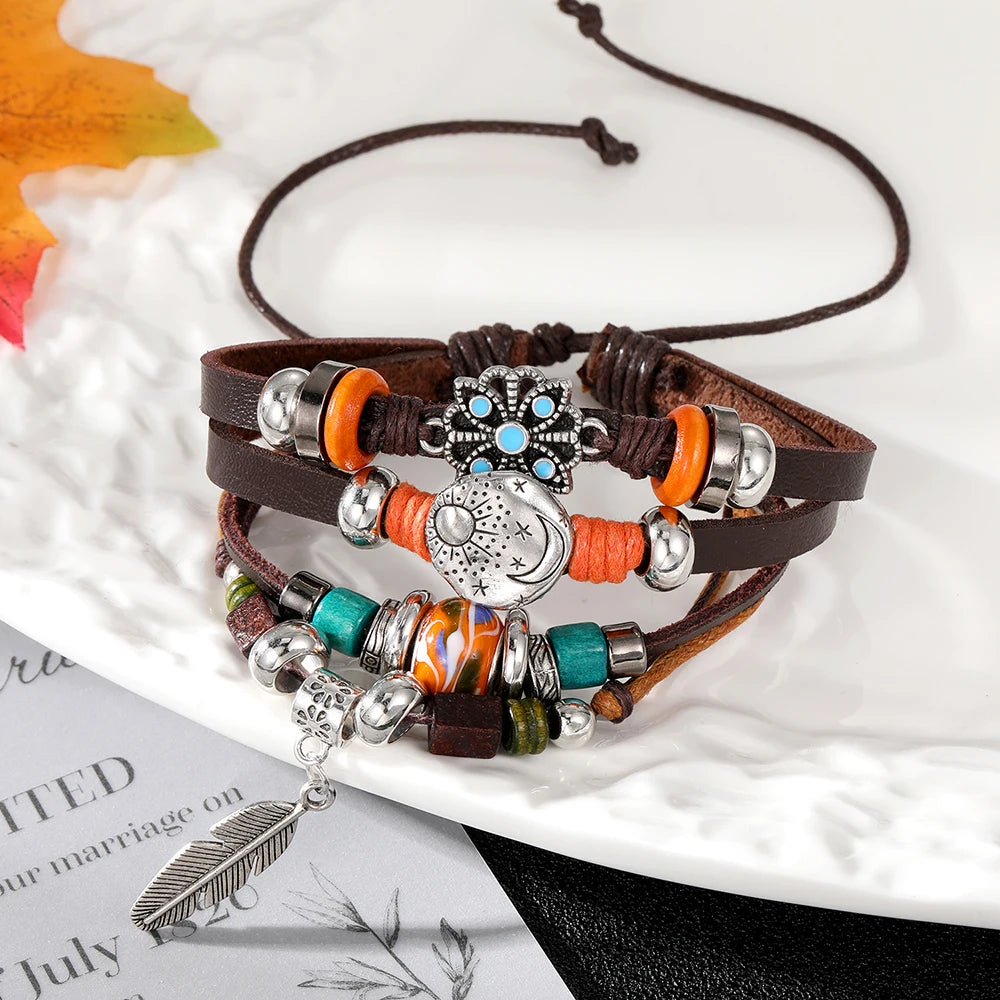 Vinatge Gothic Punk Moon Star Metal Multilayer Leather Bracelet