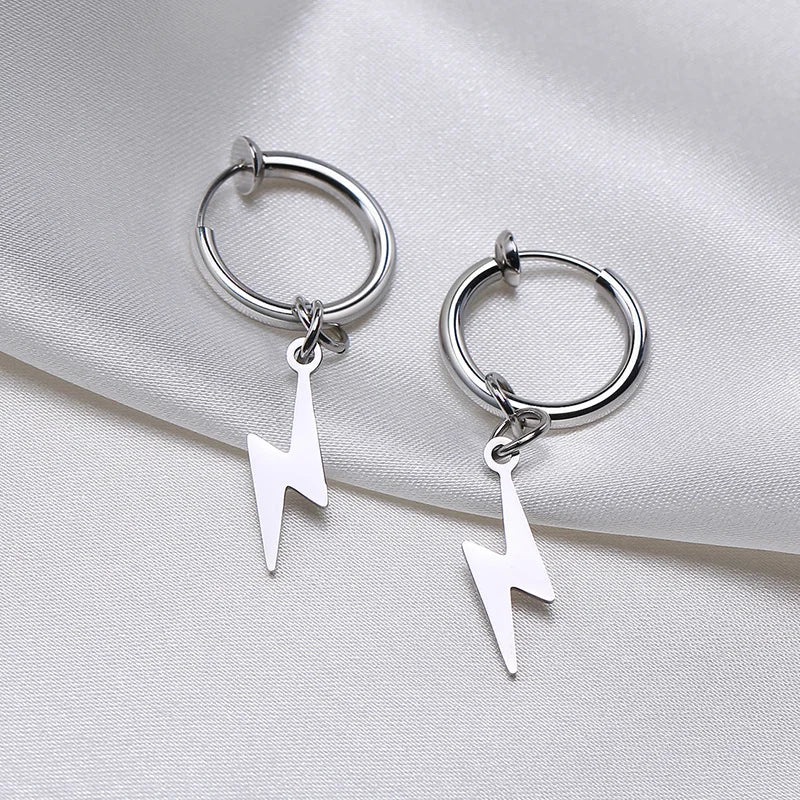 Lightning Bolt Charm Hoop Huggie Silver Color Stainless Steel Earrings for Men